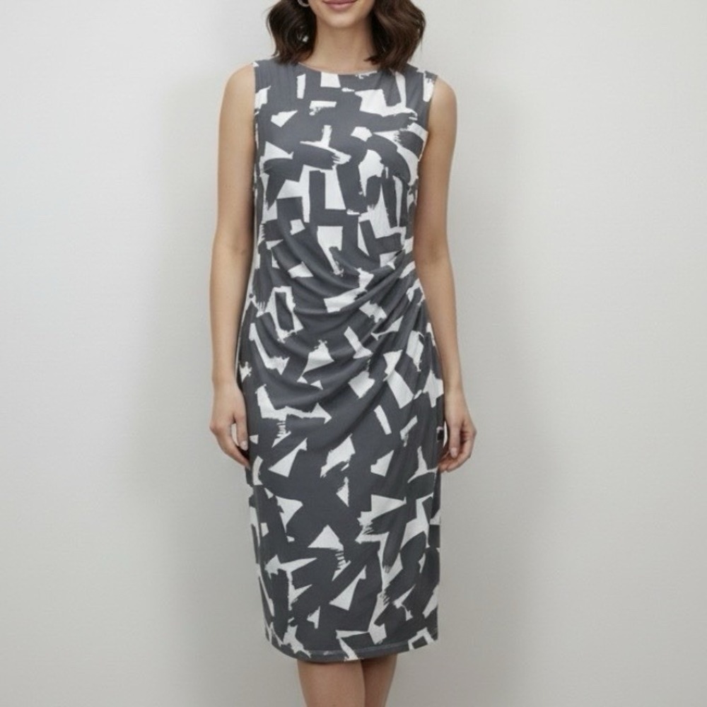 Ralph Lauren Gray Ivory Geometric Ruched Stretch Sleeveless Sheath Dress Size 12